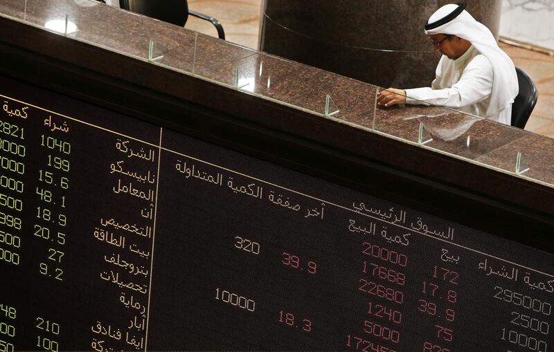 A trader follows the stock market at Boursa Kuwait, the national stock market of Kuwait, on September 19, 2019 in Kuwait City. Saudi shares slumped at the start of trading on September 15, the first session after drone attacks on two major oil facilities knocked out more than half the OPEC kingpin's production. Other bourses in the Gulf also dropped. Dubai Financial Market was down 1.1 percent, Abu Dhabi and Qatar markets declined 0.4 percent each, while Kuwait shares sank 0.8 percent and Bahrain's bourse slid 0.9 percent. / AFP / Yasser Al-Zayyat
