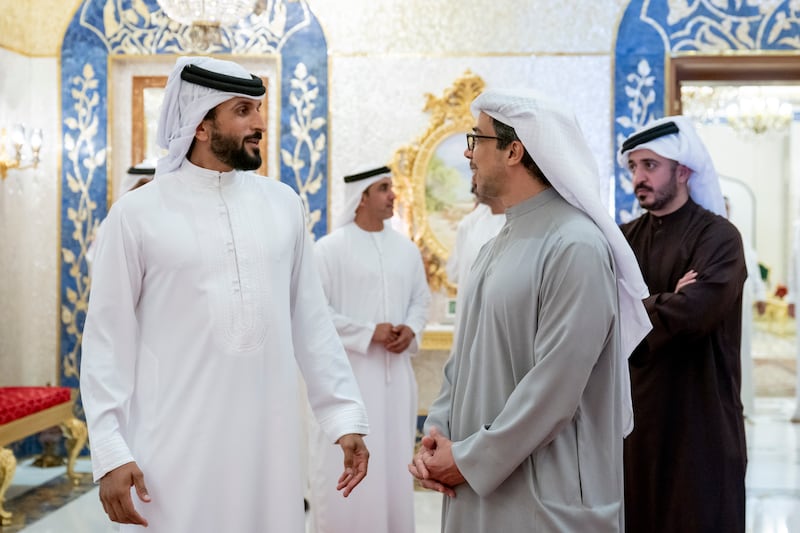 Sheikh Mansour bin Zayed, Vice President, Deputy Prime Minister and Chairman of the Presidential Court, speaks to Sheikh Nasser
