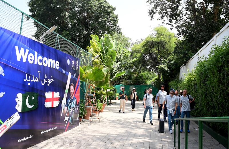 Members of the England team arrive in Karachi ahead of the T20 International series against Pakistan. Getty 