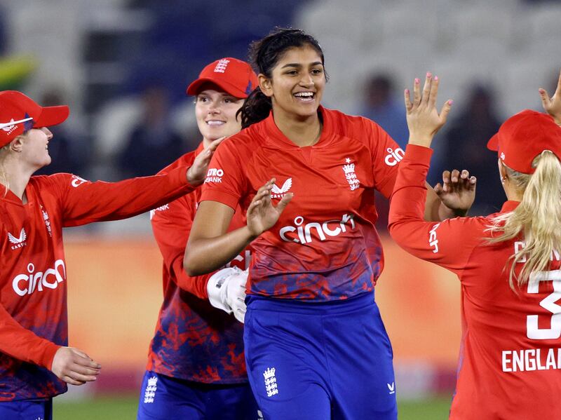 Mahika Gaur celebrates taking the wicket of Sri Lanka's  Chamari Athapaththu on her England debut during the first T20 at Central County Ground on August 31, 2023 in Hove, England. Getty
