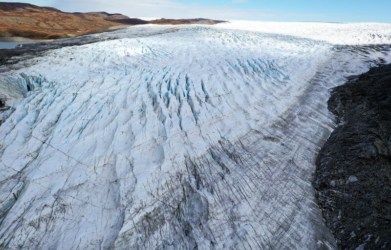 An aerial view of the retreating Russell Glacier on Greenland. Getty
