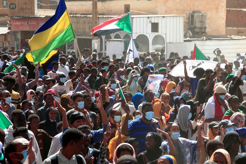 Protesters march in the Sahafa district of Khartoum.  AFP