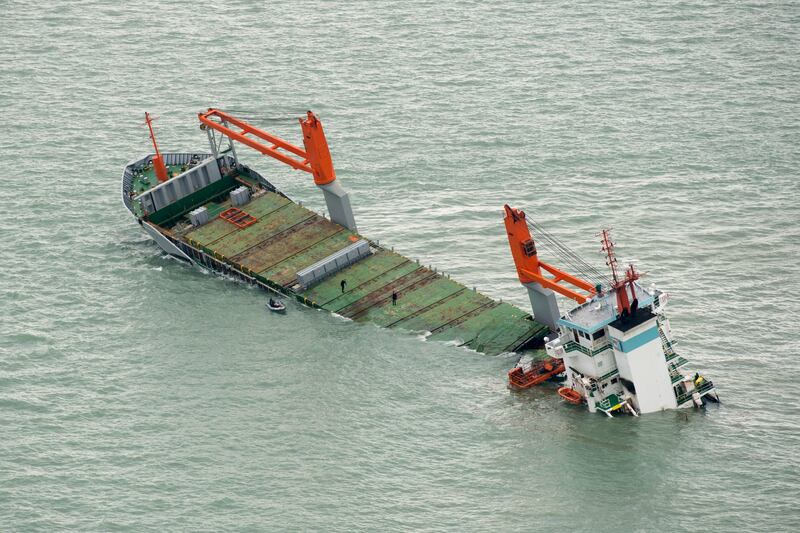 A 2015 picture showing the Dutch cargo vessel 'Flinterstar' sinking. A cargo ship carrying 130 passengers has gone down off the coast of Madagascar, killing at least 17 people. Photo: AFP