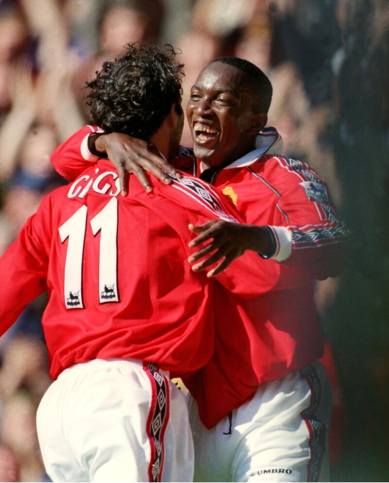 Mandatory Credit: Photo by Colorsport/Shutterstock (3146929a)
Football Ryan Giggs celebrates their goal with Dwight Yorke Carling Premiership Manchester United v Coventry City 12/09/1998 Man Utd 2 Coventry 0
Sport