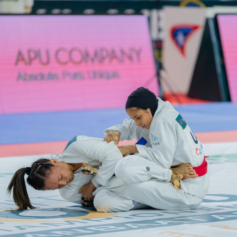 Balqees Al Hahsemi during her final against Anne Custodio of the Philippines at the Jiu-Jitsu World Championship. Photo: UAEJJF