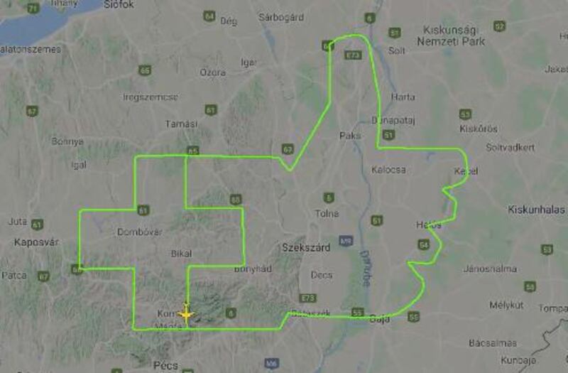 A Magnus Fusion 212 pilot took to the sky over Hungary on March 27, 2020, to show their appreciation for healthcare professionals. Courtesy FlightRadar24