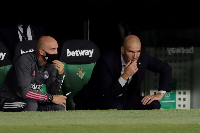 Real Madrid coach Zinedine Zidane reacts during the game. EPA