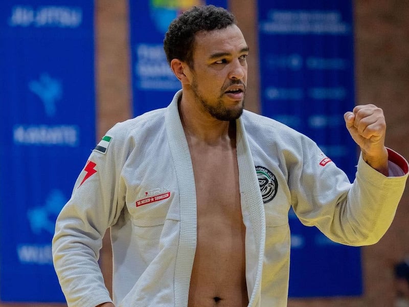 Faisal Al Ketbi, left, in action against Abdurahmanhaji Murtazaliev in the final. Photo: UAEJJF