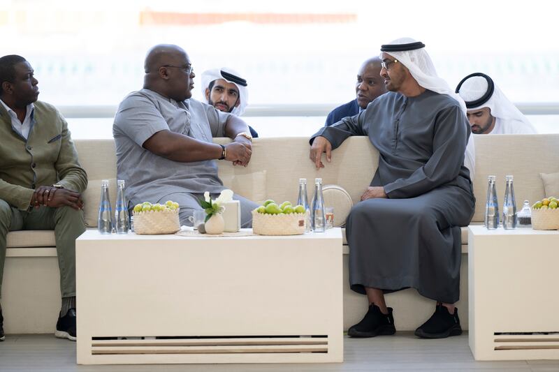 President Sheikh Mohamed receives Mr Tshisekedi. Seen with Sheikh Shakhbout bin Nahyan, Minister of State