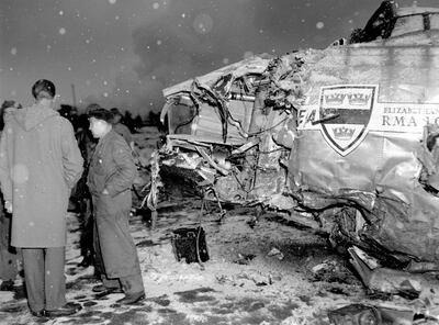 The wreckage of the BOAC Elizabethan charter flight whch was carrying the Manchester United team back from Belgrade. After a refuelling stoppage at Munich, the plane crashed as it tried to take off on the snowy runway, killing 23 people, including eight players  (Photo by S&G/PA Images via Getty Images)