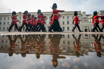 Number 12 Company Irish Guards at Wellington Barracks, central London, before commencing their first Guard Mount at Buckingham Palace. PA.