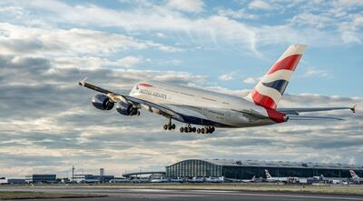 British Airways Airbus A380 at take off with Heathrow Airport Terminal 5 in the background, in 2013. Photo: Heathrow