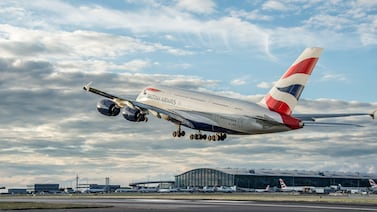 A British Airways Airbus A380 jet takes off at Heathrow. The airline's owner, IAG, has impressed analysts with its first-quarter figures. Photo: Heathrow