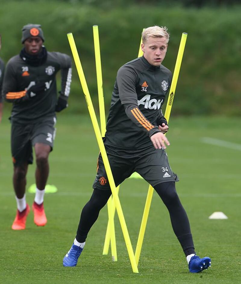 MANCHESTER, ENGLAND - OCTOBER 02: (EXCLUSIVE COVERAGE)  Donny van de Beek of Manchester United in action during a first team training session at Aon Training Complex on October 02, 2020 in Manchester, England. (Photo by Matthew Peters/Manchester United via Getty Images)