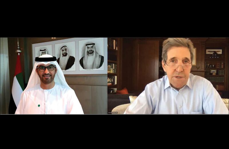 The UAE and the US discussed ways to make progress on the global climate agenda in a meeting between US Special Presidential Envoy for Climate, John Kerry and UAE Special Envoy for Climate Change and Minister of Industry and Advanced Technology, Dr Sultan Al Jaber. Image: Wam