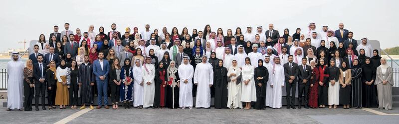 ABU DHABI, UNITED ARAB EMIRATES - September 17, 2019: HH Sheikh Mohamed bin Zayed Al Nahyan, Crown Prince of Abu Dhabi and Deputy Supreme Commander of the UAE Armed Forces (front row 15th R), stands for a group photo with members of the Young Arab Media Leaders Programme, during a Sea Palace barza.

( Hamad Al Kaabi / Ministry of Presidential Affairs )​
---