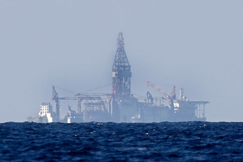 The drilling ship Tungsten Explorer is seen off the coast of Beirut, Lebanon, Wednesday, Feb. 26, 2020. The vessel is scheduled to start later this week the first oil and gas exploration drills off the Lebanese coast, the French oil giant Total and Lebanon's government announced Tuesday. The arrival of the drill ship comes at a time when Lebanon is going through its worst economic and financial crisis in decades. (AP Photo/Hussein Malla)