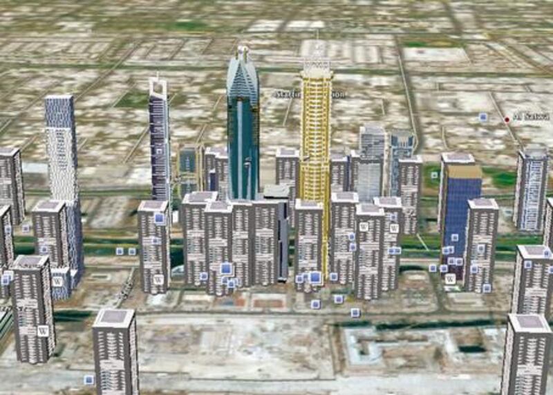 The Google Earth replication of the Sheikh Zayed Road skyline.