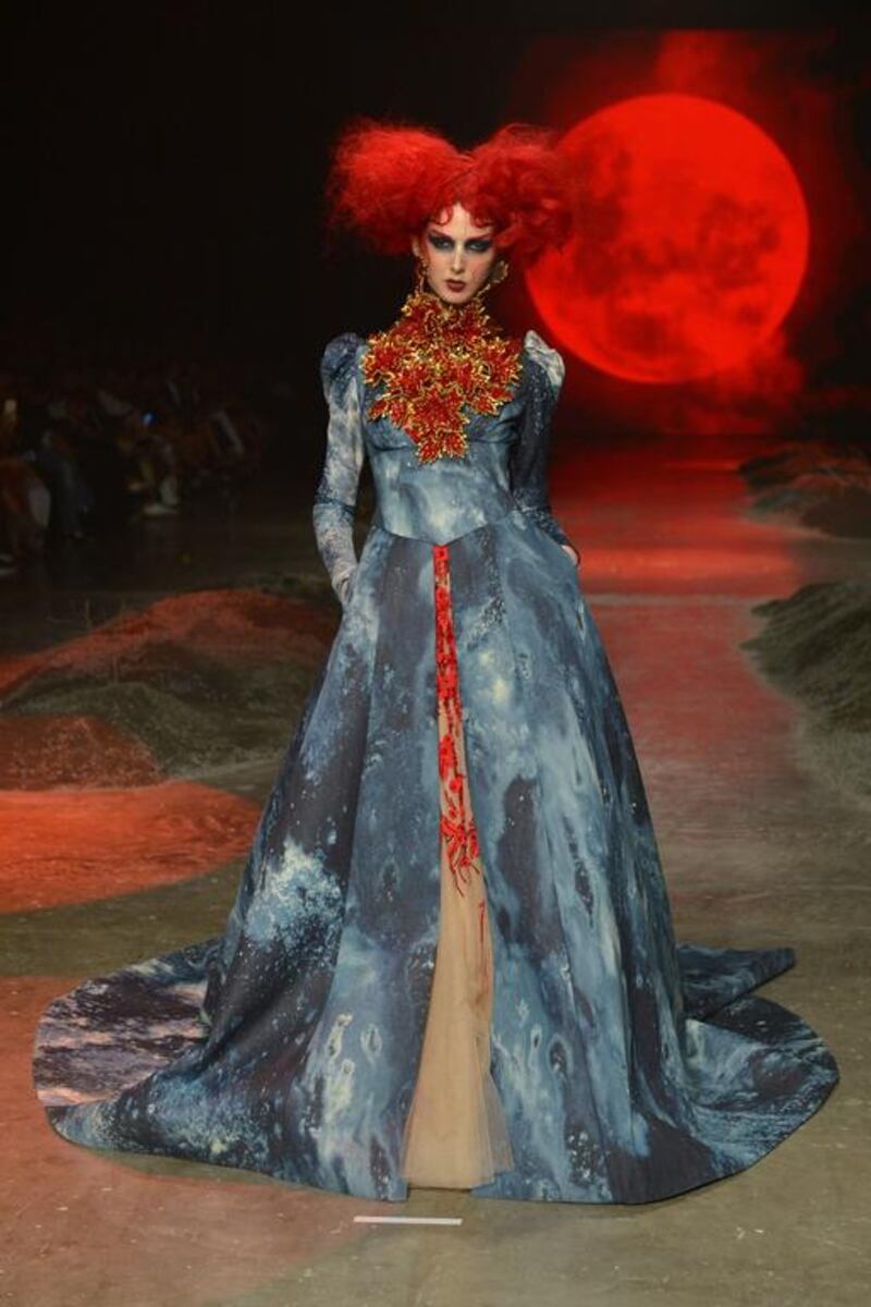 Amato debuted a collection of charcoal grey, acid--washed blue denim and russet reds, inspired by Leo Tolstoy’s Anna Karenina. . Stuart C Wilson / Getty Images for Fashion Forward