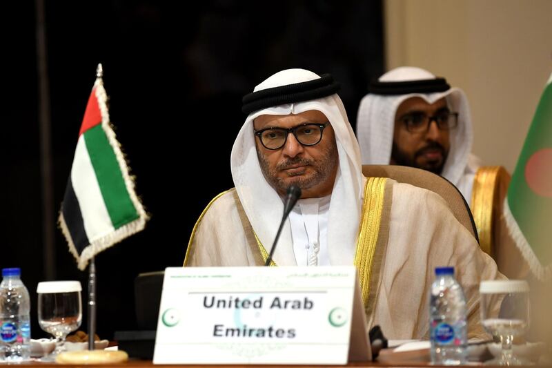 UAE's Minister of State for Foreign Affairs Anwar Gargash attends an extraordinary meeting for the Organization of Islamic Cooperation (OIC) on Foreign Ministers level in Jeddah on July 17, 2019.  / AFP / Amer HILABI
