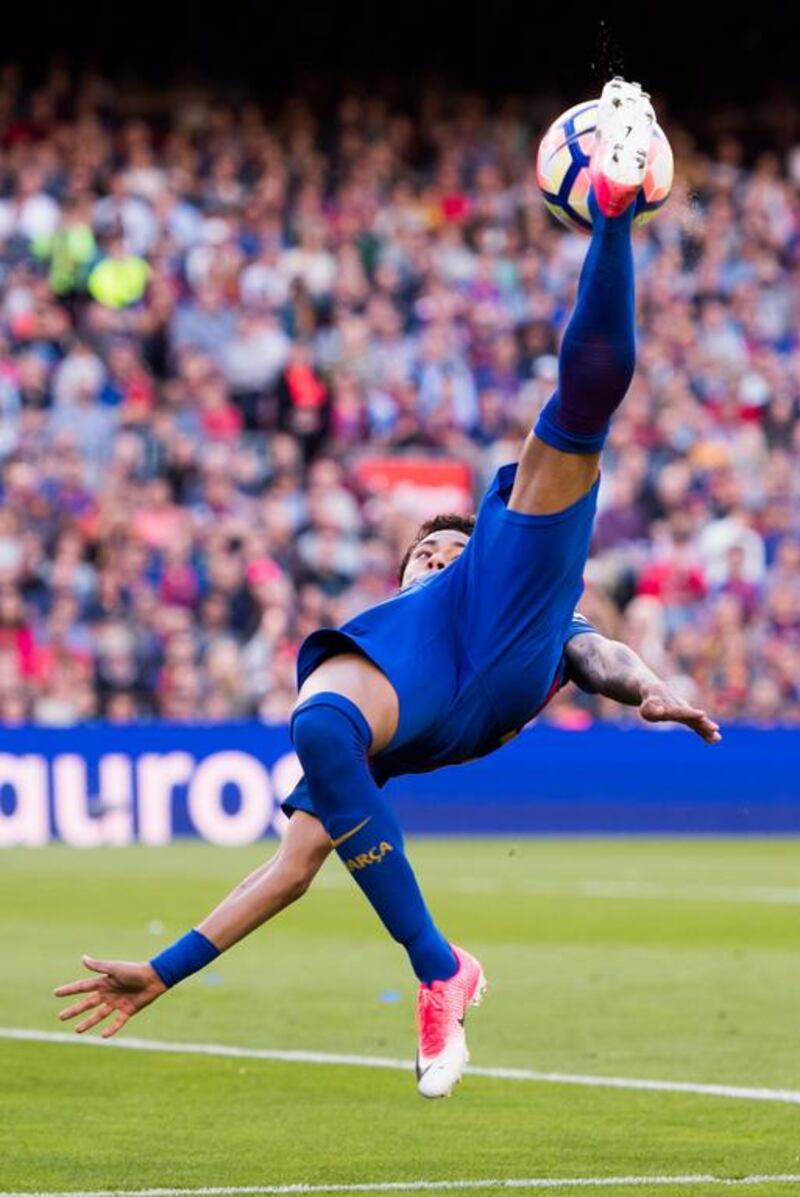 FC Barcelona’s Neymar performs a bicycle kick against Villarreal. Alex Caparros / Getty Images