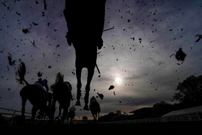 Runners and riders clear a fence during the Nick Embiricos Memorial 2020 Handicap Chase at Plumpton Racecourse on Monday, October 19. Getty