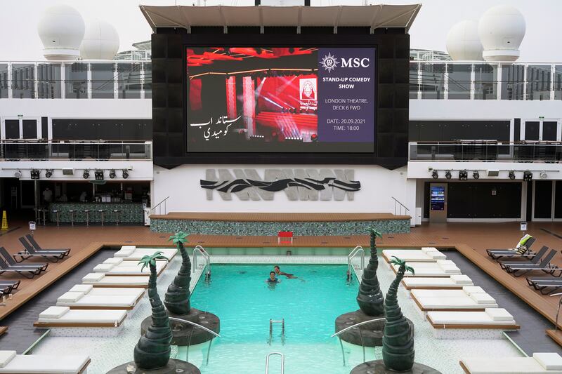 The cruise liner has a large swimming pool and outdoor LED screen. Reuters