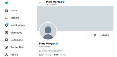 Piers Morgan's Twitter account, which appears to have been wiped after reports that it was hacked. PA.