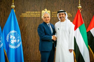 UAE's Foriegn Minister Sheikh Abdullah bin Zayed receives UN envoy to Libya Ghassan Salame. WAM