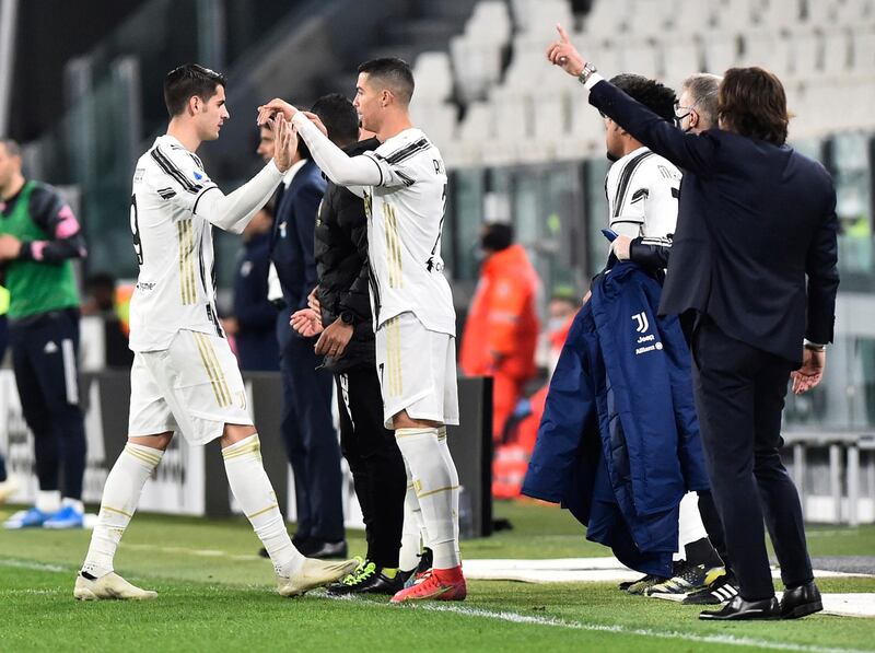 Juventus' Cristiano Ronaldo comes on as a substitute to replace Alvaro Morata. Reuters