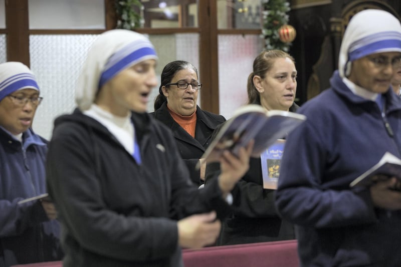 Missionaries of Charity (of Mother Therese) and members of Gaza's Catholic community during a  an early evening  service held at The Holy Family Church in Gaza City on December 20,2018.(Photo by Heidi Levine for The National).