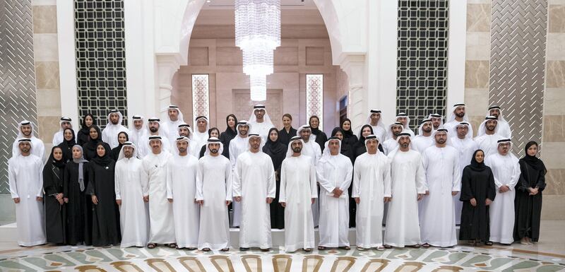 ABU DHABI, UNITED ARAB EMIRATES - November 10, 2019: HH Sheikh Mohamed bin Rashid Al Maktoum, Vice-President, Prime Minister of the UAE, Ruler of Dubai and Minister of Defence (front row 8th R) and HH Sheikh Mohamed bin Zayed Al Nahyan, Crown Prince of Abu Dhabi and Deputy Supreme Commander of the UAE Armed Forces (front row 9th R), stand for a photograph during the National Experts Program graduation ceremony, in the Vice President's wing at Qasr Al Watan. Seen with HE Mohamed Abdulla Al Gergawi, UAE Minister of Cabinet Affairs and the Future (front row 4th R), HE Mohamed Mubarak Al Mazrouei, Undersecretary of the Crown Prince Court of Abu Dhabi (front row 5th R), HH Sheikh Mansour bin Zayed Al Nahyan, UAE Deputy Prime Minister and Minister of Presidential Affairs (front row 6th R), HH Lt General Sheikh Saif bin Zayed Al Nahyan, UAE Deputy Prime Minister and Minister of Interior (front row 7th R), HH Sheikh Hamdan bin Mohamed Al Maktoum, Crown Prince of Dubai, HH Sheikh Abdullah bin Zayed Al Nahyan, UAE Minister of Foreign Affairs and International Cooperation (front row 12th R) and other dignitaries. 

( Hamad Al Kaabi / Ministry of Presidential Affairs )​
---