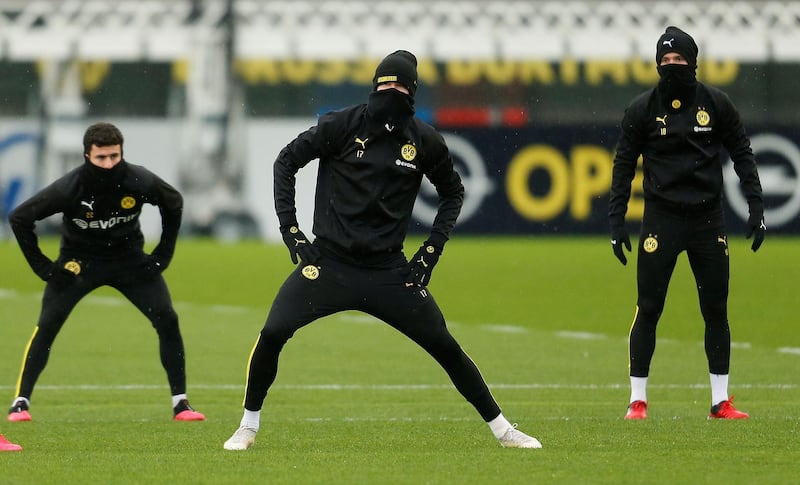 Borussia Dortmund's Erling Braut Haaland, centre, takes part in training ahead of the last-16 Champions League clash first leg against PSG, on Wednesday. Reuters