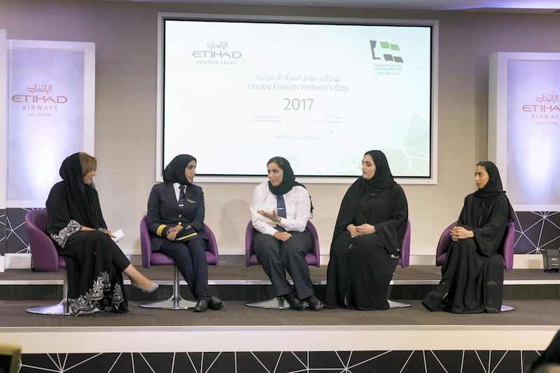 ABU DHABI, UNITED ARAB EMIRATES - AUG 22: 

Second to left, Salma al Baloushi, Etihad’s first woman pilot, Mariam Al Obaidli, technical engineer, Alya al Matrooshi, lawyer, and Moza al Balooshi, assistant airport manager


Etihad Aviation Group celebrated Emirati Women’s Day 2017 by organizing a panel under the title: “Emirati Women Partners In Giving – Between the Past and Present”, which featured several successful female Emirati Etihad staff who work across the spectrum of our operations, including engineering, legal, flight and airport operations.



(Photo by Reem Mohammed/The National)

Reporter: RAMOLA TALWAR
Section: NA