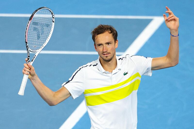 (FILES) In this file photograph taken on February 21, 2021, Russia's Daniil Medvedev reacts as he plays against Serbia's Novak Djokovic during their men's singles final match on day fourteen of the Australian Open tennis tournament in Melbourne. Russian world No. 2 Daniil Medvedev, who has tested positive for Covid-19, has withdrawn from the ongoing Monte Carlo Masters 1000, the ATP announced April 13, 2021. "Medvedev has been placed in isolation and continues to be monitored by the tournament doctor and the ATP medical team," details a statement released by the organization.  - -- IMAGE RESTRICTED TO EDITORIAL USE - STRICTLY NO COMMERCIAL USE --
 / AFP / Brandon MALONE / -- IMAGE RESTRICTED TO EDITORIAL USE - STRICTLY NO COMMERCIAL USE --

