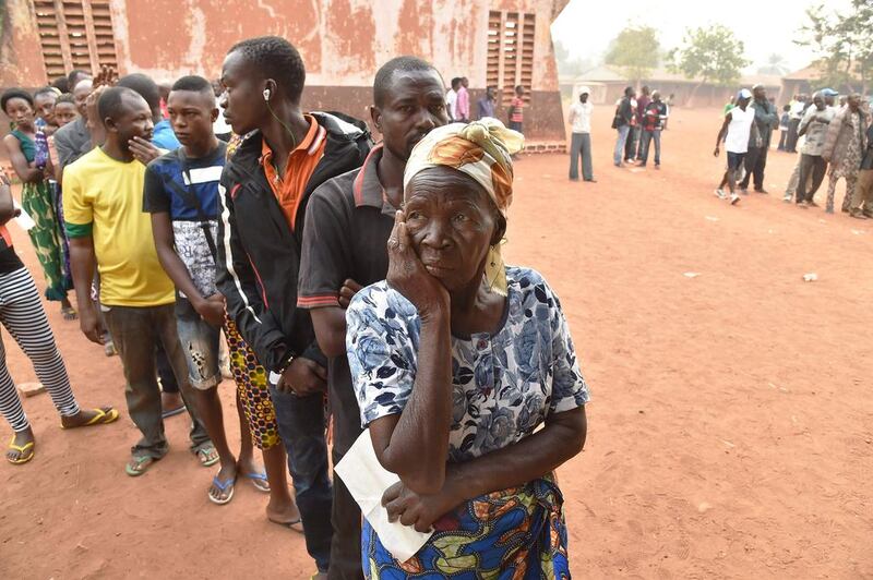 Voters wait in line at a polling station in the PK5 Muslim district of Bangui, the capital of the Central African Republic, on December 29, 2015. Issouf Sanogo / AFP
