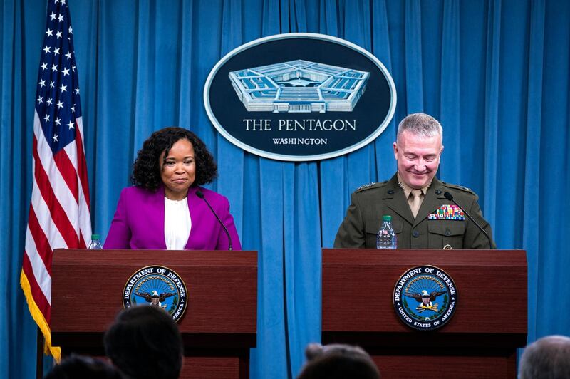 Department of Defense spokesperson Dana White (L) and Joint Staff director Marine Lt. Gen. Kenneth F. McKenzie Jr. (R) speak to the media about the US-led bombing campaign against Syria inside the Pentagon briefing room in Arlington, Virginia, USA, 14 April 2018. The US, France, and Britain launched strikes against Syria early Saturday morning in response to Syria's suspected chemical weapons attack.  EPA / JIM LO SCALZO