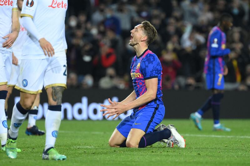 Barcelona's forward Luuk de Jong reacts after missing a chance at Camp Nou. AFP