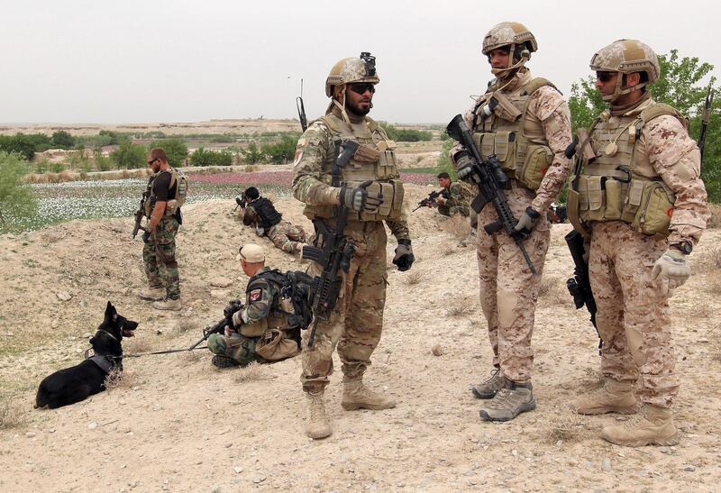 A moment of rest and regrouping while commanders meet to plan the next move. the spot overlooks the poppy fields.
UAE Special Forces on patrol in Afghanistan with American Special Forces (Green Berets) and Afghan Commandos (ANA). 
Online photo credit must read: Copyright Alex Gardiner /  alex@whowearswins.com

-- EXCLUSIVE IMAGES - OK FOR ONLINE WITH CREDIT AS ABOVE, NO ARCHIVE NO FURTHER USE NO DISTRIBUTION - CONTACT BRIAN BEFORE TOUCHING --