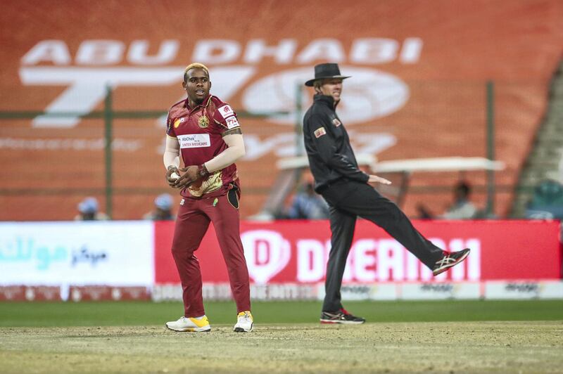 Fabian Allen. Delhi Bulls v Northern Warriors. Abu Dhabi T10 Season 4. The Final. Zayed Cricket Stadium, Abu Dhabi. 6th February 2021. Courtesy Abu Dhabi Cricket 