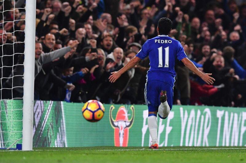 Chelsea’s Pedro celebrates after scoring their fifth goal. Ben Stansall / AFP