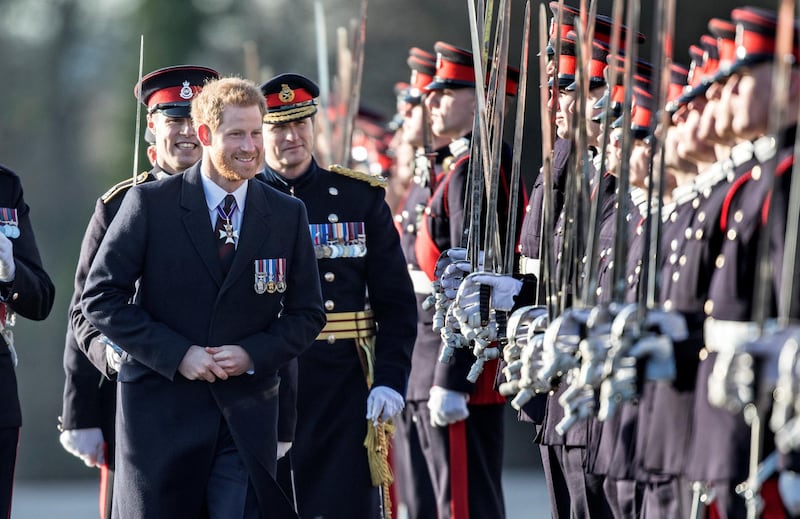 CAMBERLEY, ENGLAND - DECEMBER 15:  Prince Harry inspects the graduating officer cadets at Sandhurst during the Sovereign's parade ceremony at Royal Military Academy Sandhurst on December 15, 2017 in Camberley, England.  (Photo by Richard Pohle - WPA Pool/Getty Images)