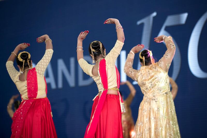 DUBAI, UNITED ARAB EMIRATES - JANUARY 11, 2019.
 
Indian cultural dances  performed ahead of Rahul Gandhi's speech today at Dubai International Cricket Stadium.

(Photo by Reem Mohammed/The National)

Reporter: Ramola Talwar.
Section:  NA