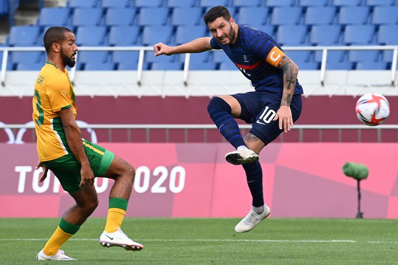 France forward Andre-Pierre Gignac shoots at goal.