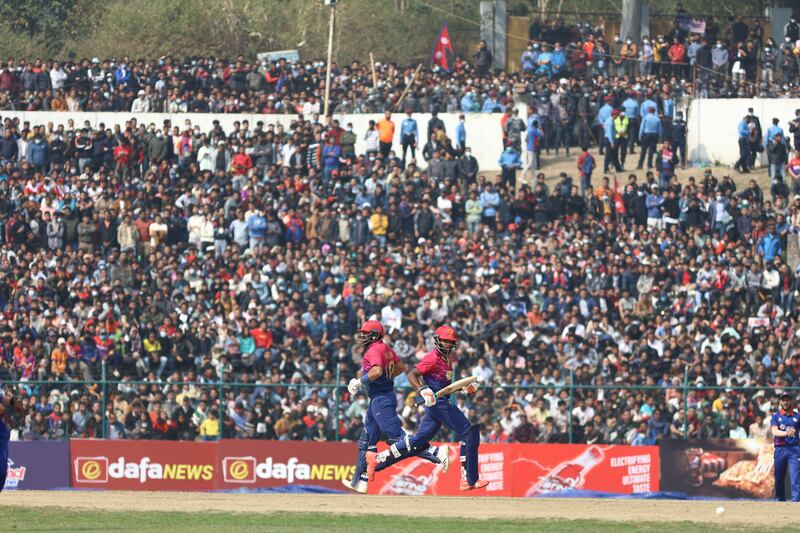 UAE captain Muhammad Waseem, left, and Vriitya Aravind scored quick fifties in front a capacity crowd at the TU International Cricket Stadium in Kathmandu on Thursday