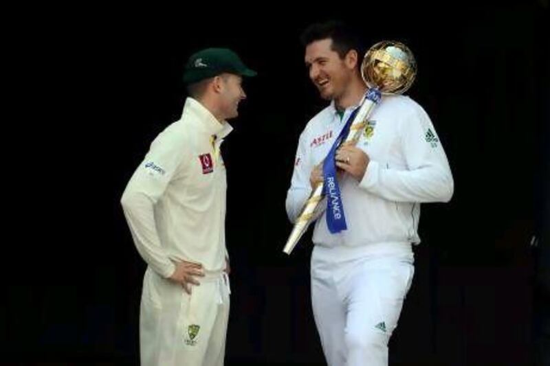 Michael Clarke, left, and Graeme Smith kept it professional at the presentation ceremony yesterday.