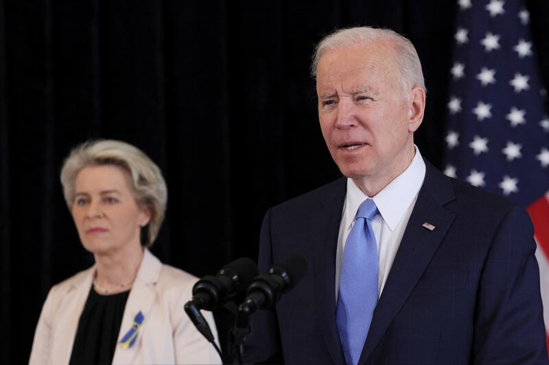 US President Joe Biden and European Commission President Ursula von der Leyen in Brussels on Friday. Reuters