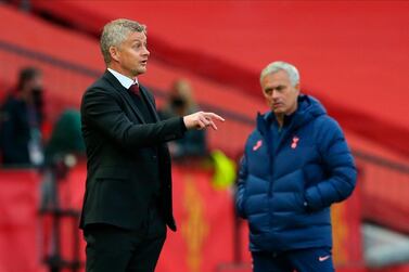 Manchester United manager Ole Gunnar Solskjaer during the thrashing by Tottenham, and manager Jose Mourinho. EPA