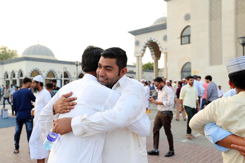 Dubai, United Arab Emirates - August 11, 2019: Early morning Eid prayers take place at Al Farooq Omar Bin Al Khattab Mosque. Sunday the 11th of August 2019. Al Farooq Omar Bin Al Khattab Mosque, Dubai. Chris Whiteoak / The National