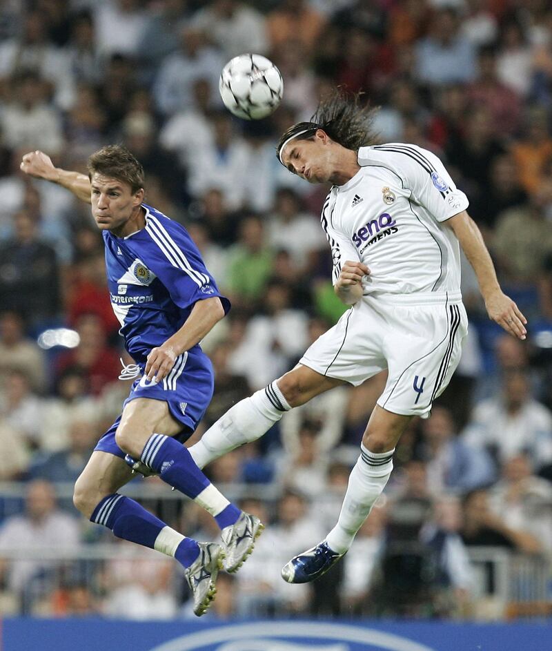 MADRID, SPAIN - SEPTEMBER 26: Sergio Ramos (R) of Real Madrid goes for a high ball against Maksim Shatskikh of Dynamo Kiev during a  UEFA Champions League Group E match between Real Madrid and Dynamo Kiev at the Santiago Bernabeu stadium on September 26, 2006 in Madrid, Spain. (Photo by Denis Doyle/Getty Images)